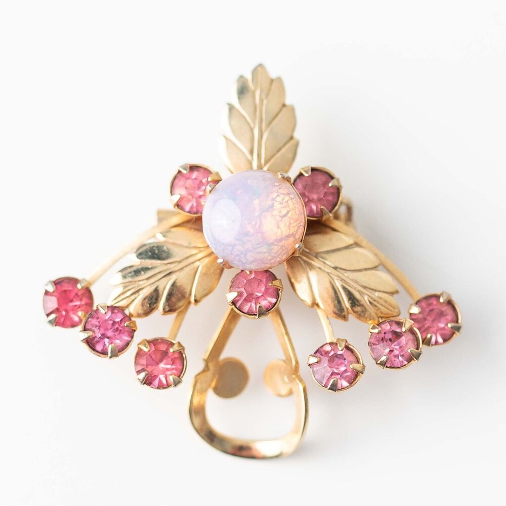 Vintage Pink Rhinestone Opalescent Cabochon Gold Tone Leaf Floral Brooch Pin
